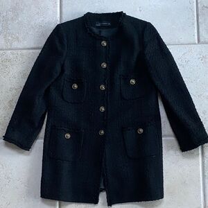 Zara Black Bouclé Collarless Blazer Coat with Gold Buttons